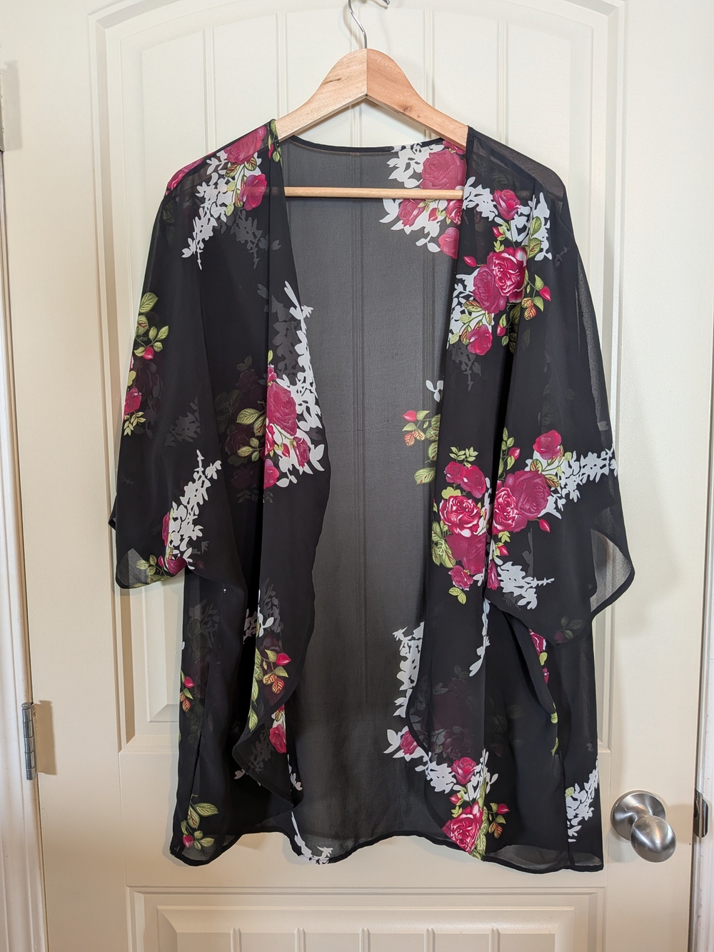 Floral Sheer Kimono Cocoon Style Cover up - Black with Pink Roses